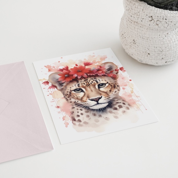Watercolor Leopard With Flowers Portrait Wall Art Illustration Print Unframed - Picture 6 of 6